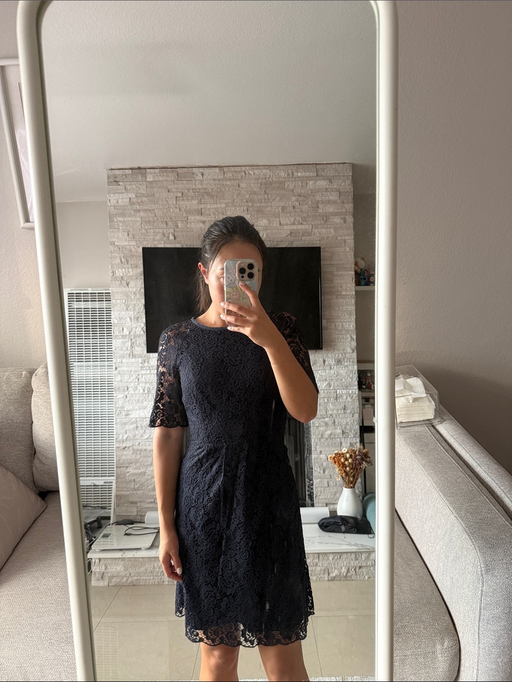 Lace Fit & Flare Dress in Navy Blue